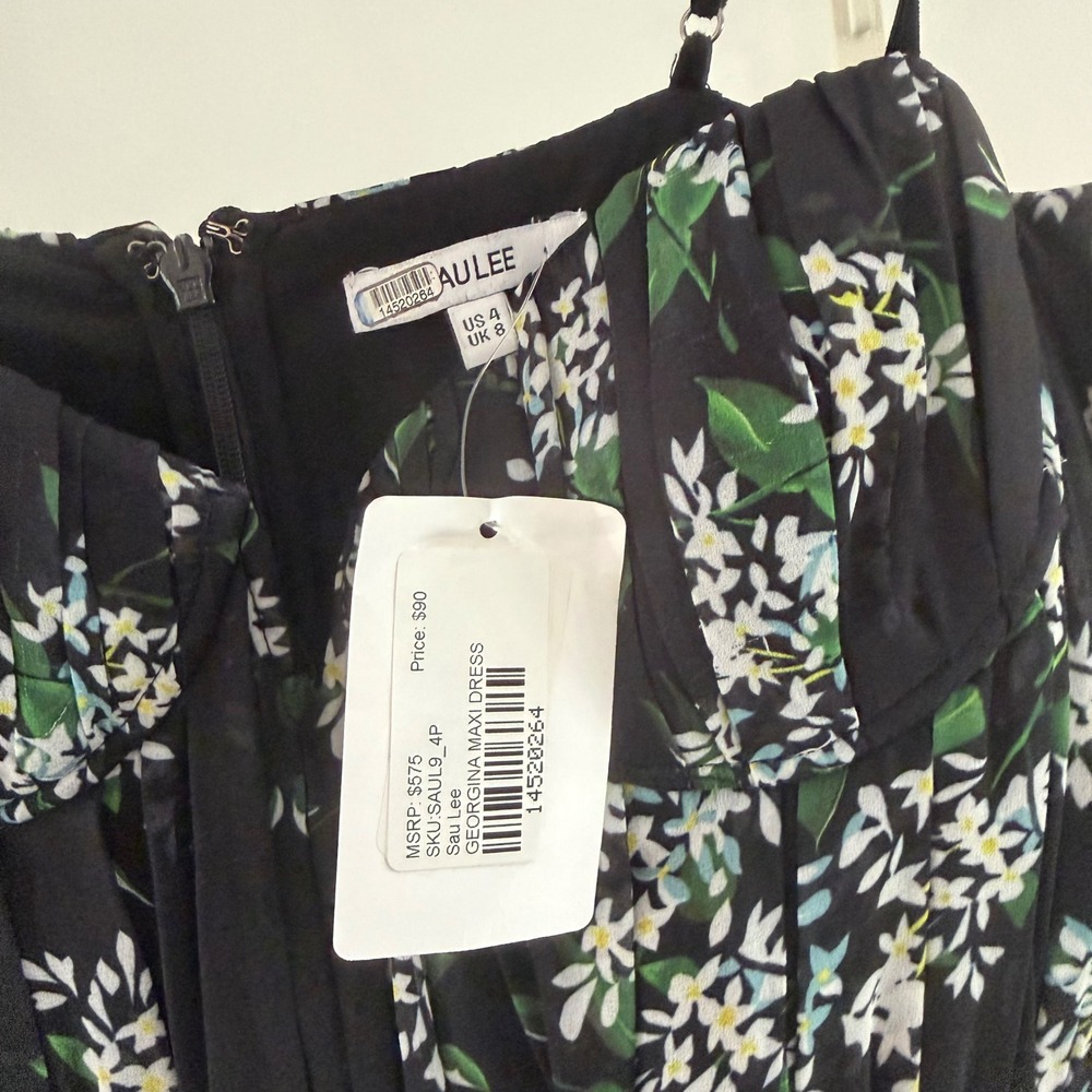 Sau Lee Georgina Ditsy Floral Gown Black Chiffon Pleated Bustier Maxi Dress Sz 4 - Picture 9 of 13